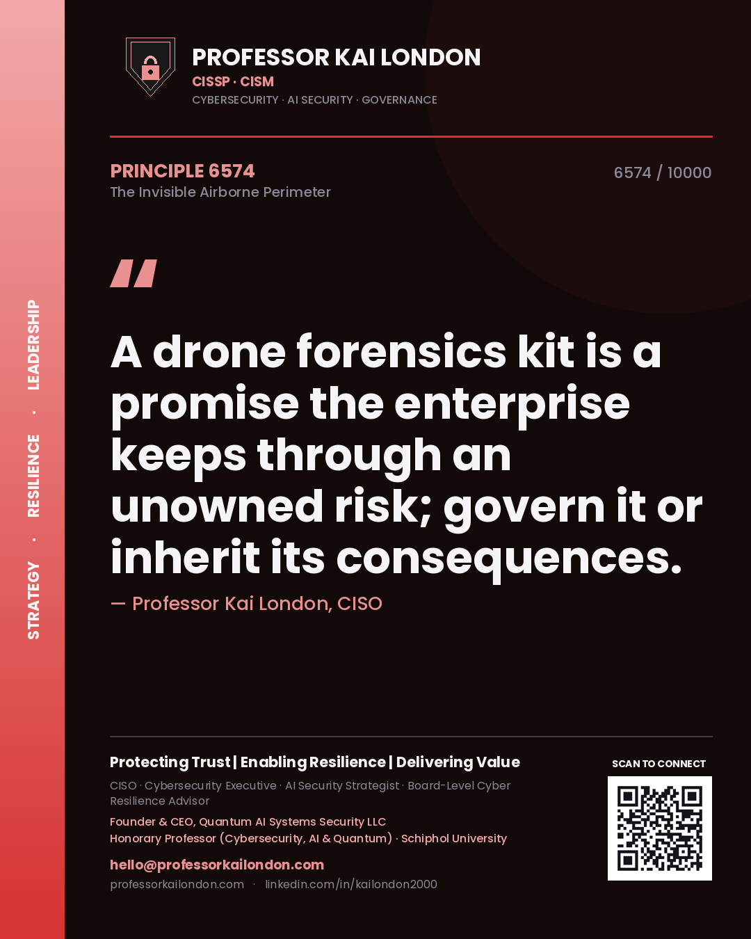 Quote card by Professor Kai London reading 'A drone forensics kit is a promise the enterprise keeps through an unowned risk; govern it or inherit its consequences.'. From the book The Invisible Airborne Perimeter.