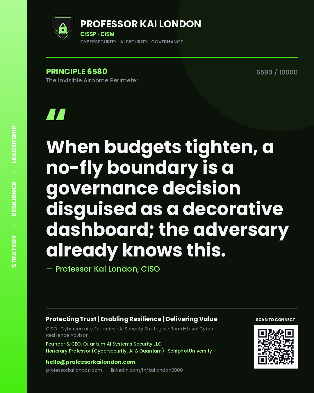 Quote card by Professor Kai London reading 'When budgets tighten, a no-fly boundary is a governance decision disguised as a decorative dashboard; the adversary already knows this.'. From the book The Invisible Airborne Perimeter.
