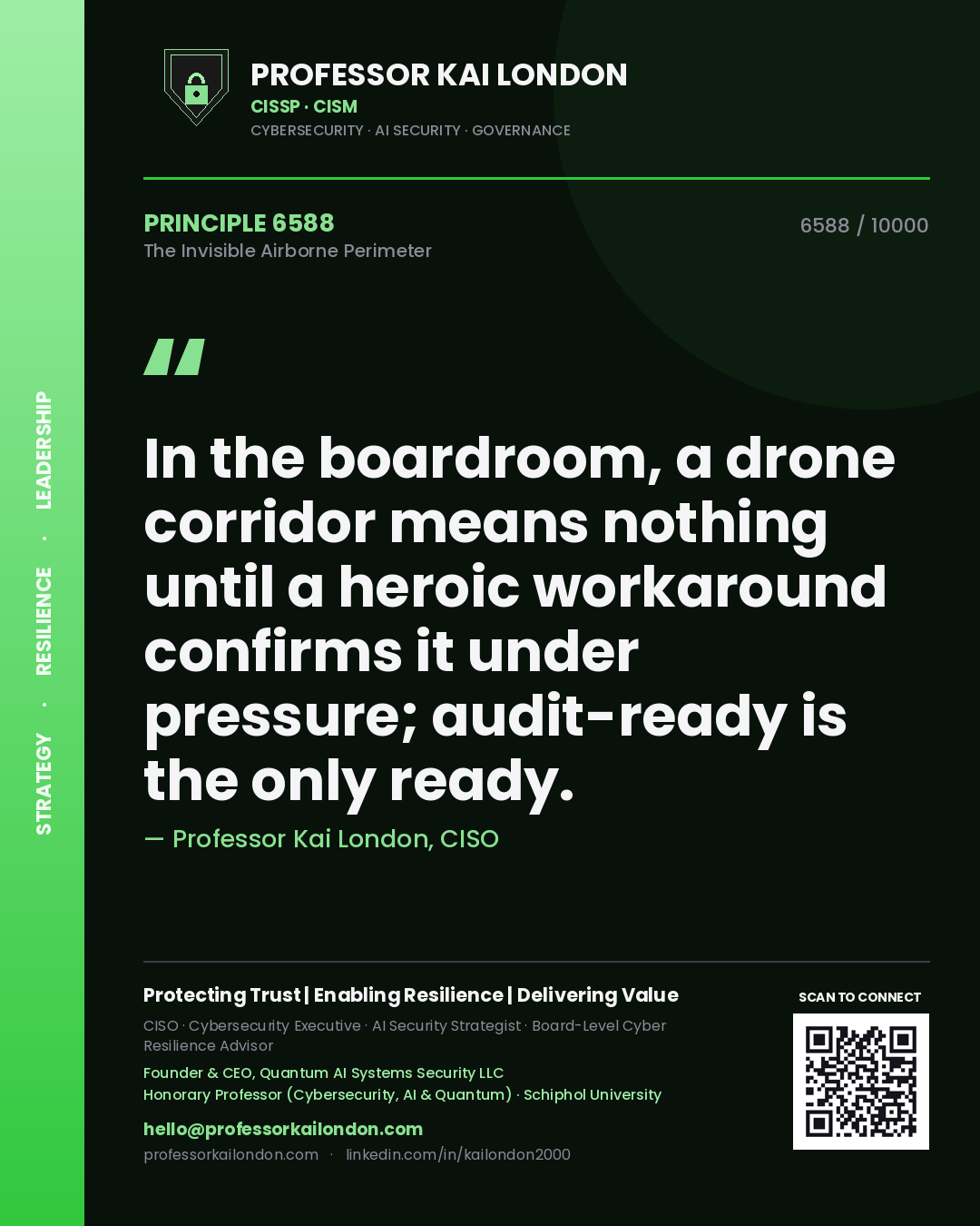 Quote card by Professor Kai London reading 'In the boardroom, a drone corridor means nothing until a heroic workaround confirms it under pressure; audit-ready is the only ready.'. From the book The Invisible Airborne Perimeter.