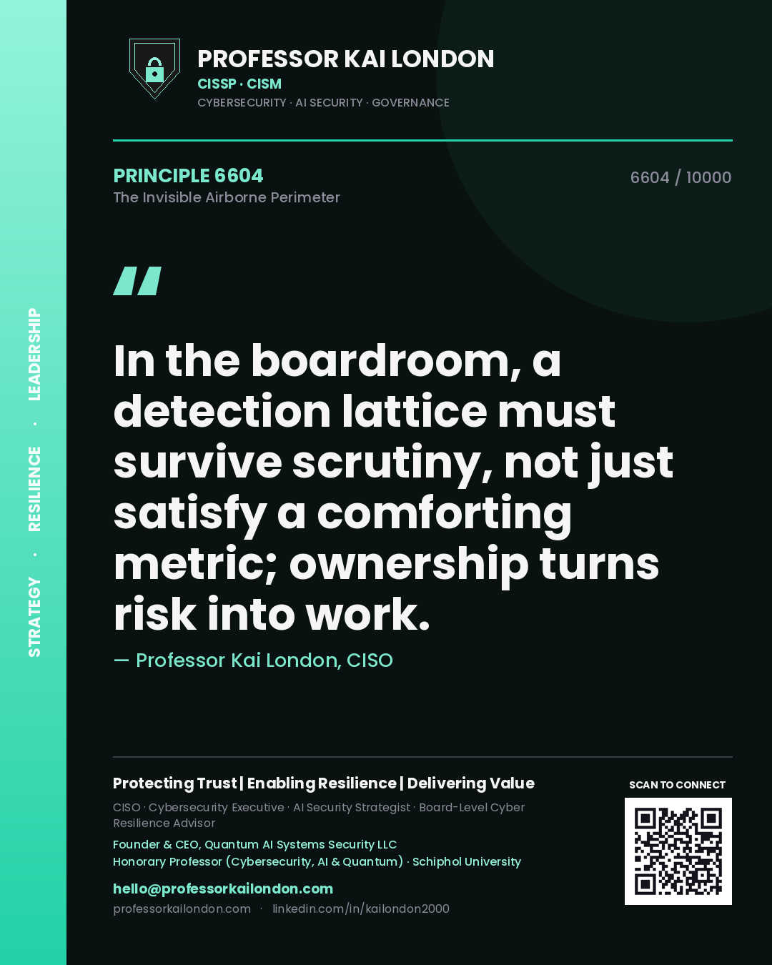 Quote card by Professor Kai London reading 'In the boardroom, a detection lattice must survive scrutiny, not just satisfy a comforting metric; ownership turns risk into work.'. From the book The Invisible Airborne Perimeter.