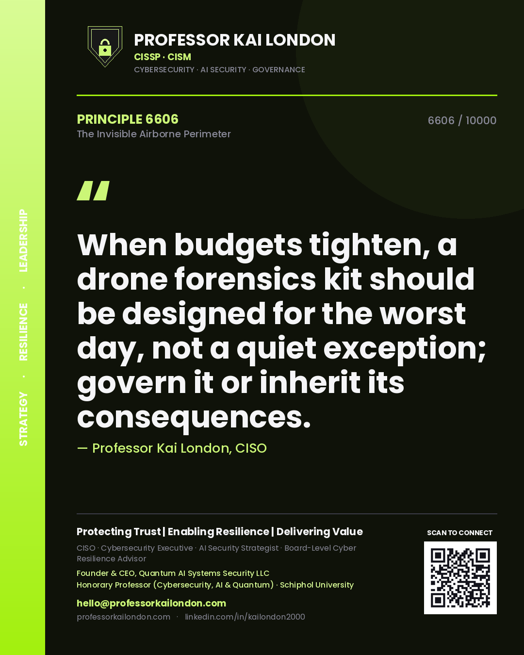 Quote card by Professor Kai London reading 'When budgets tighten, a drone forensics kit should be designed for the worst day, not a quiet exception; govern it or inherit its consequences.'. From the book The Invisible Airborne Perimeter.
