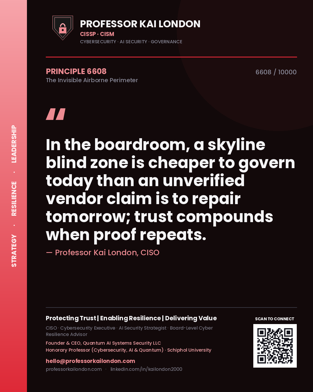 Quote card by Professor Kai London reading 'In the boardroom, a skyline blind zone is cheaper to govern today than an unverified vendor claim is to repair tomorrow; trust compounds when proof repeats.'. From the book The Invisible Airborne Perimeter.