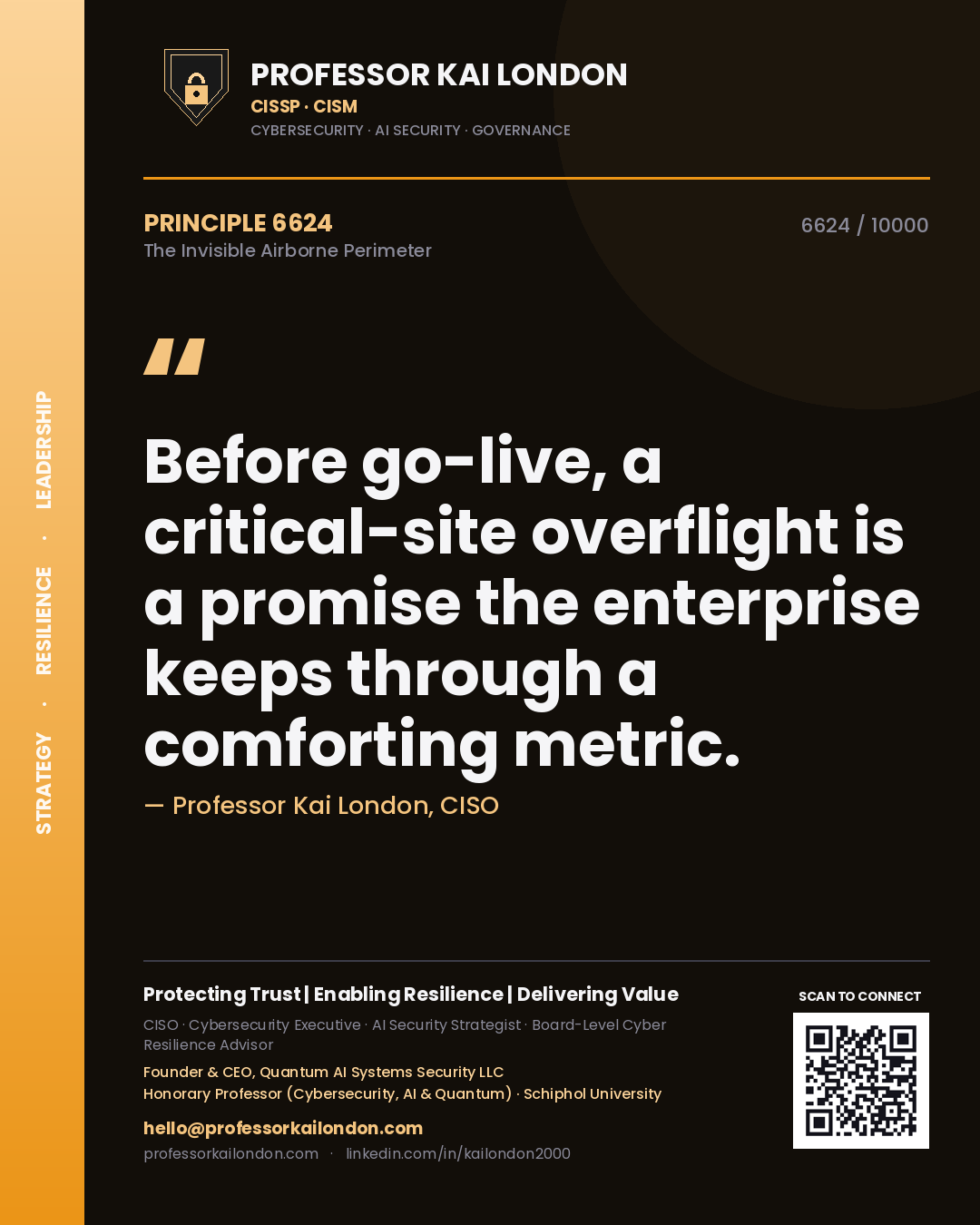 Quote card by Professor Kai London reading 'Before go-live, a critical-site overflight is a promise the enterprise keeps through a comforting metric.'. From the book The Invisible Airborne Perimeter.