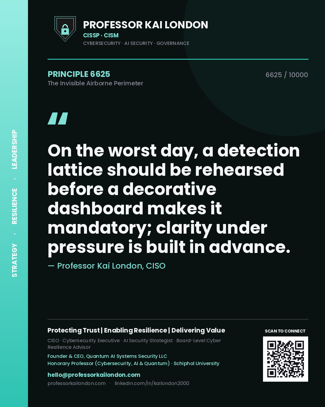 Quote card by Professor Kai London reading 'On the worst day, a detection lattice should be rehearsed before a decorative dashboard makes it mandatory; clarity under pressure is built in advance.'. From the book The Invisible Airborne Perimeter.