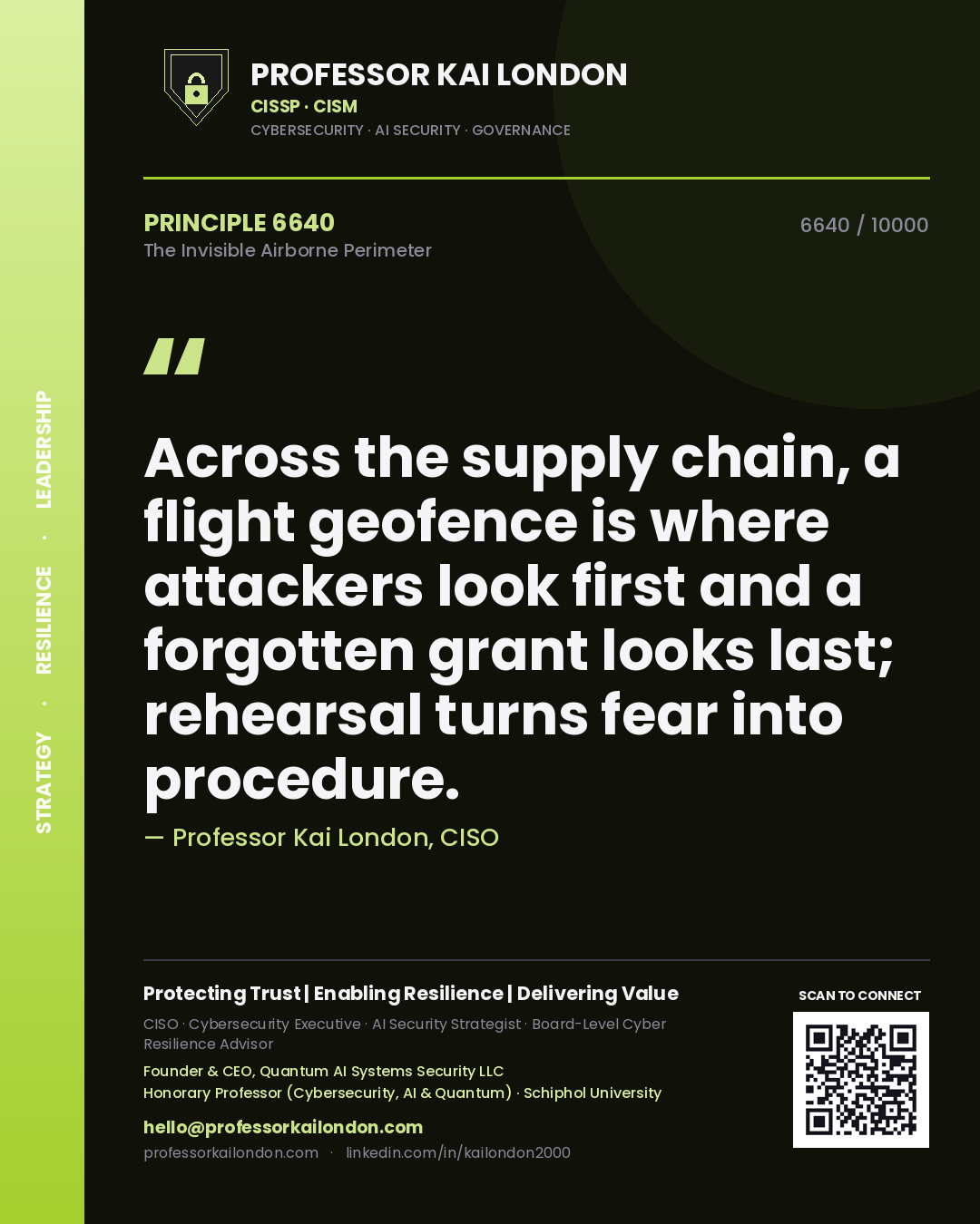 Professor Kai London principle 6640: Across the supply chain, a flight geofence is where attackers look first and a forgotten grant looks last; rehearsal turns fear into procedure.