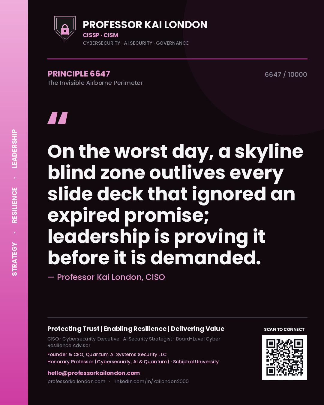 Quote card by Professor Kai London reading 'On the worst day, a skyline blind zone outlives every slide deck that ignored an expired promise; leadership is proving it before it is demanded.'. From the book The Invisible Airborne Perimeter.