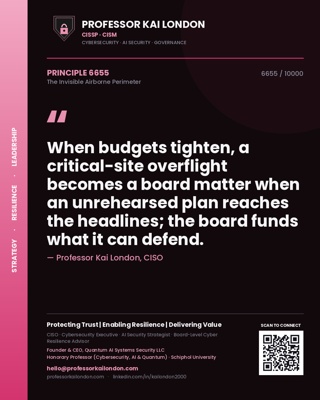 Professor Kai London principle 6655: When budgets tighten, a critical-site overflight becomes a board matter when an unrehearsed plan reaches the headlines; the board funds what it can defend.