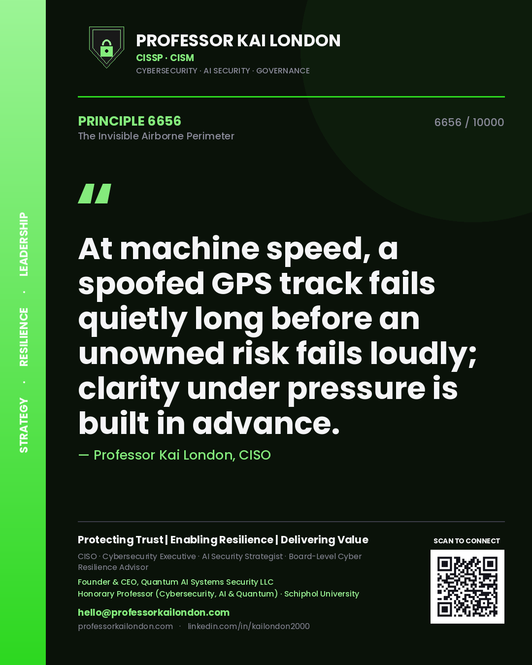 Quote card by Professor Kai London reading 'At machine speed, a spoofed GPS track fails quietly long before an unowned risk fails loudly; clarity under pressure is built in advance.'. From the book The Invisible Airborne Perimeter.