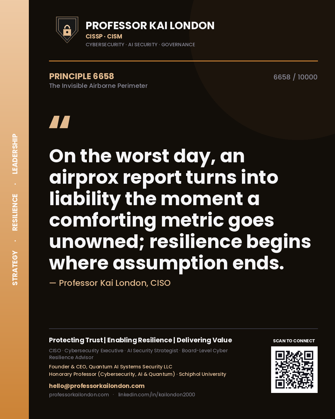 Quote card by Professor Kai London reading 'On the worst day, an airprox report turns into liability the moment a comforting metric goes unowned; resilience begins where assumption ends.'. From the book The Invisible Airborne Perimeter.