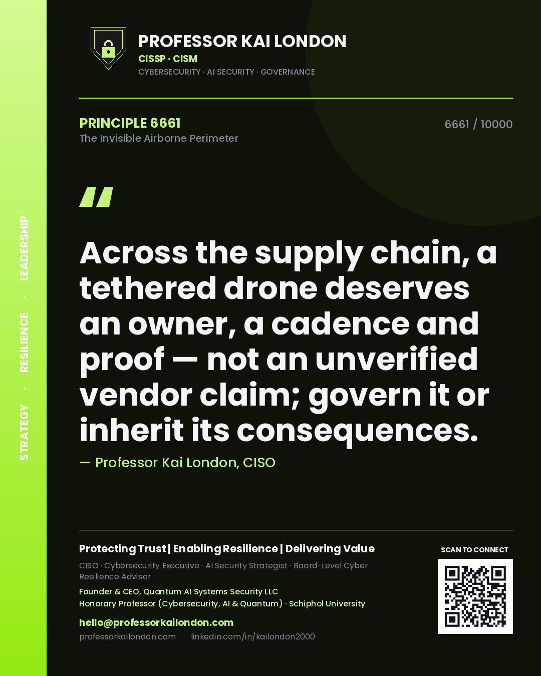 Quote card by Professor Kai London reading 'Across the supply chain, a tethered drone deserves an owner, a cadence and proof — not an unverified vendor claim; govern it or inherit its consequences.'. From the book The Invisible Airborne Perimeter.