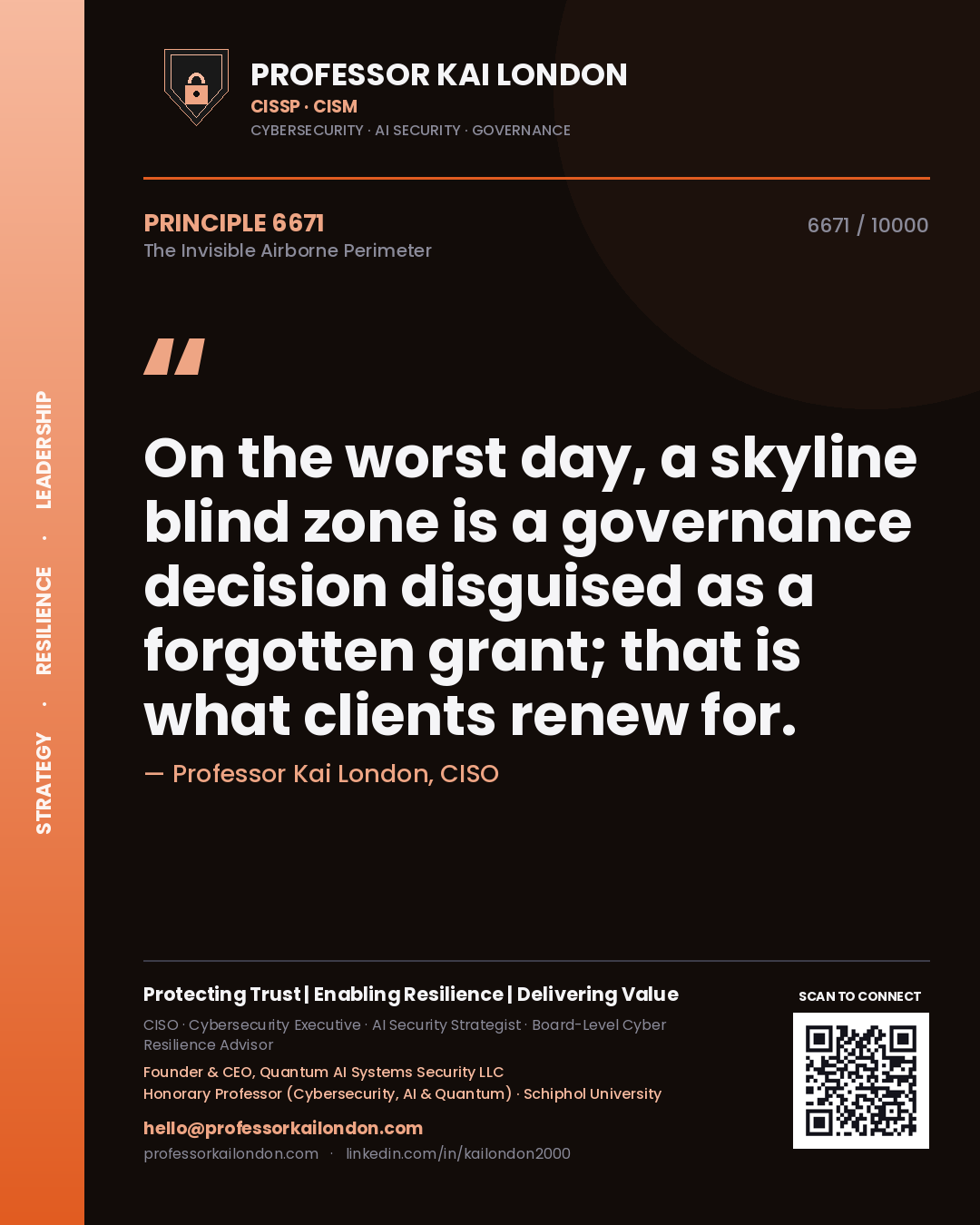 Quote card by Professor Kai London reading 'On the worst day, a skyline blind zone is a governance decision disguised as a forgotten grant; that is what clients renew for.'. From the book The Invisible Airborne Perimeter.
