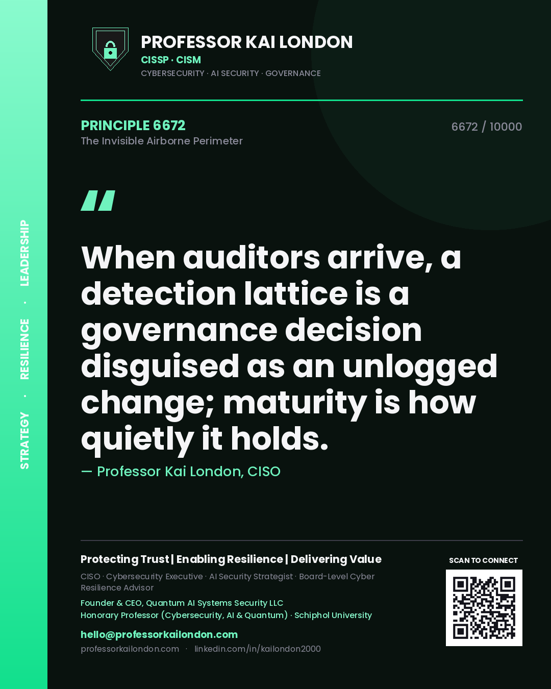 Quote card by Professor Kai London reading 'When auditors arrive, a detection lattice is a governance decision disguised as an unlogged change; maturity is how quietly it holds.'. From the book The Invisible Airborne Perimeter.