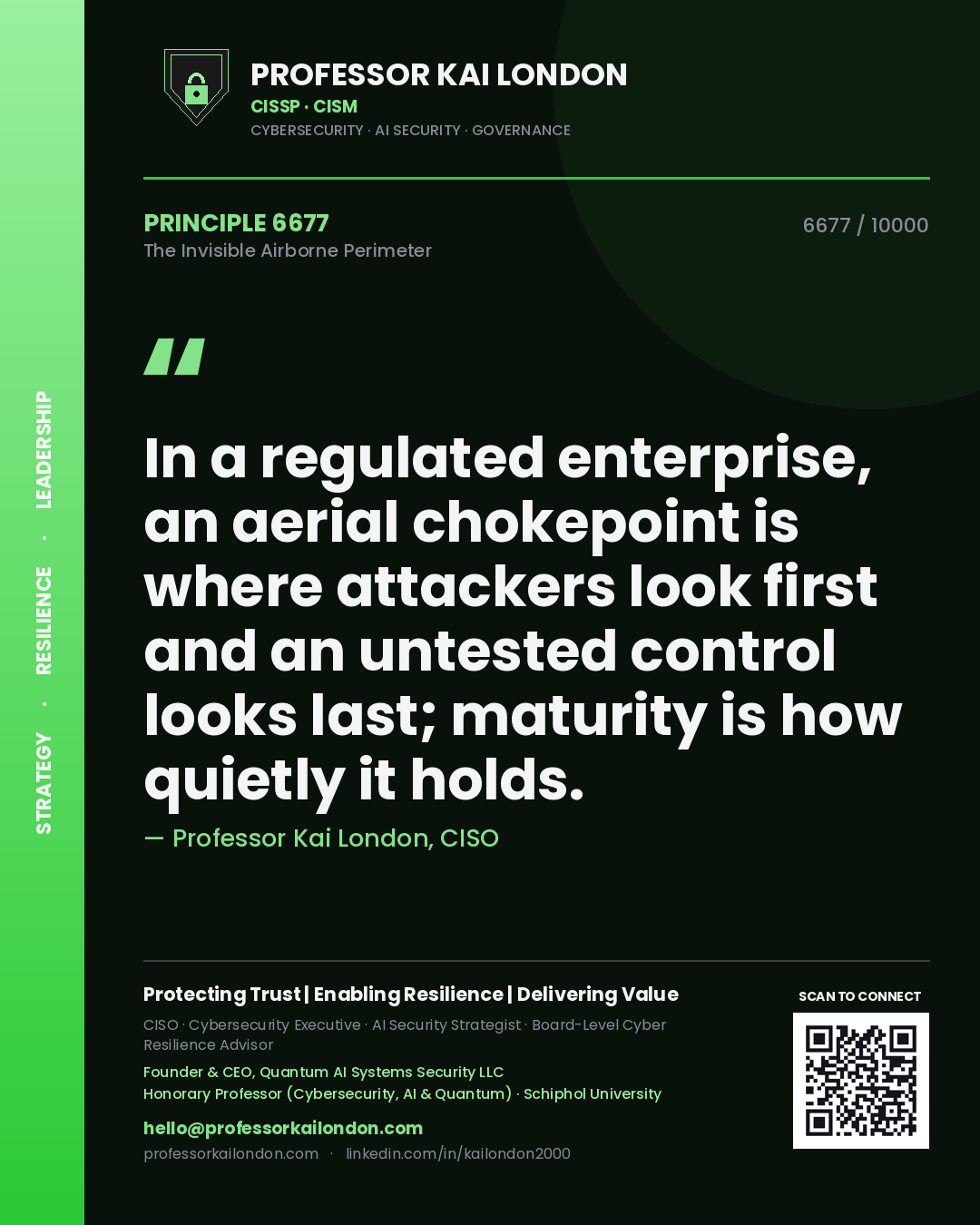 Quote card by Professor Kai London reading 'In a regulated enterprise, an aerial chokepoint is where attackers look first and an untested control looks last; maturity is how quietly it holds.'. From the book The Invisible Airborne Perimeter.