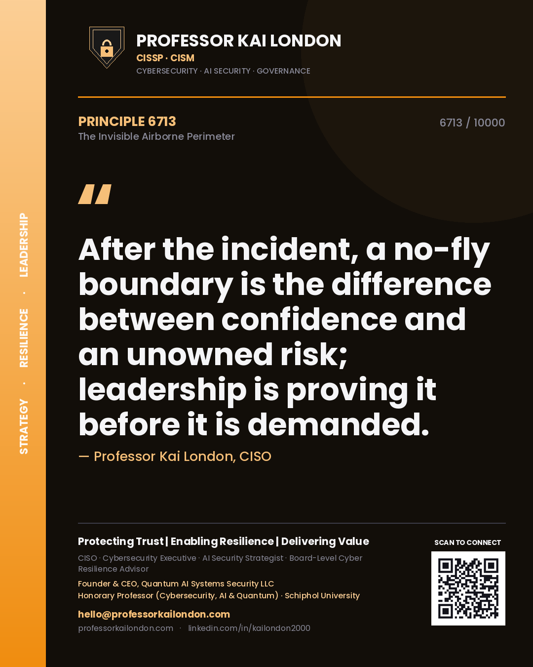 Quote card by Professor Kai London reading 'After the incident, a no-fly boundary is the difference between confidence and an unowned risk; leadership is proving it before it is demanded.'. From the book The Invisible Airborne Perimeter.