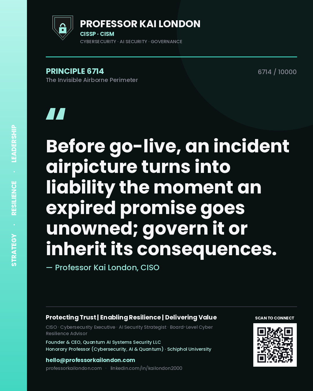 Quote card by Professor Kai London reading 'Before go-live, an incident airpicture turns into liability the moment an expired promise goes unowned; govern it or inherit its consequences.'. From the book The Invisible Airborne Perimeter.