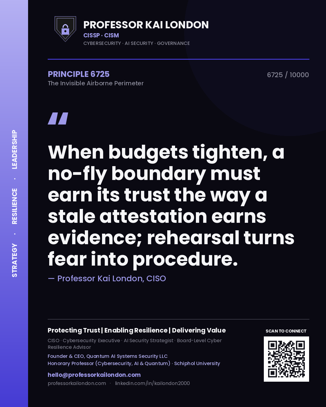 Quote card by Professor Kai London reading 'When budgets tighten, a no-fly boundary must earn its trust the way a stale attestation earns evidence; rehearsal turns fear into procedure.'. From the book The Invisible Airborne Perimeter.