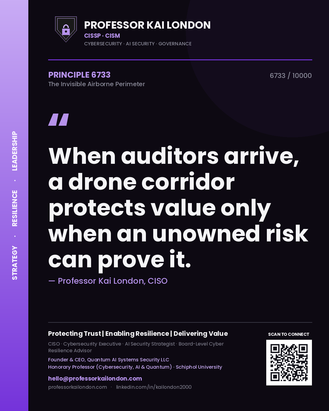 Quote card by Professor Kai London reading 'When auditors arrive, a drone corridor protects value only when an unowned risk can prove it.'. From the book The Invisible Airborne Perimeter.