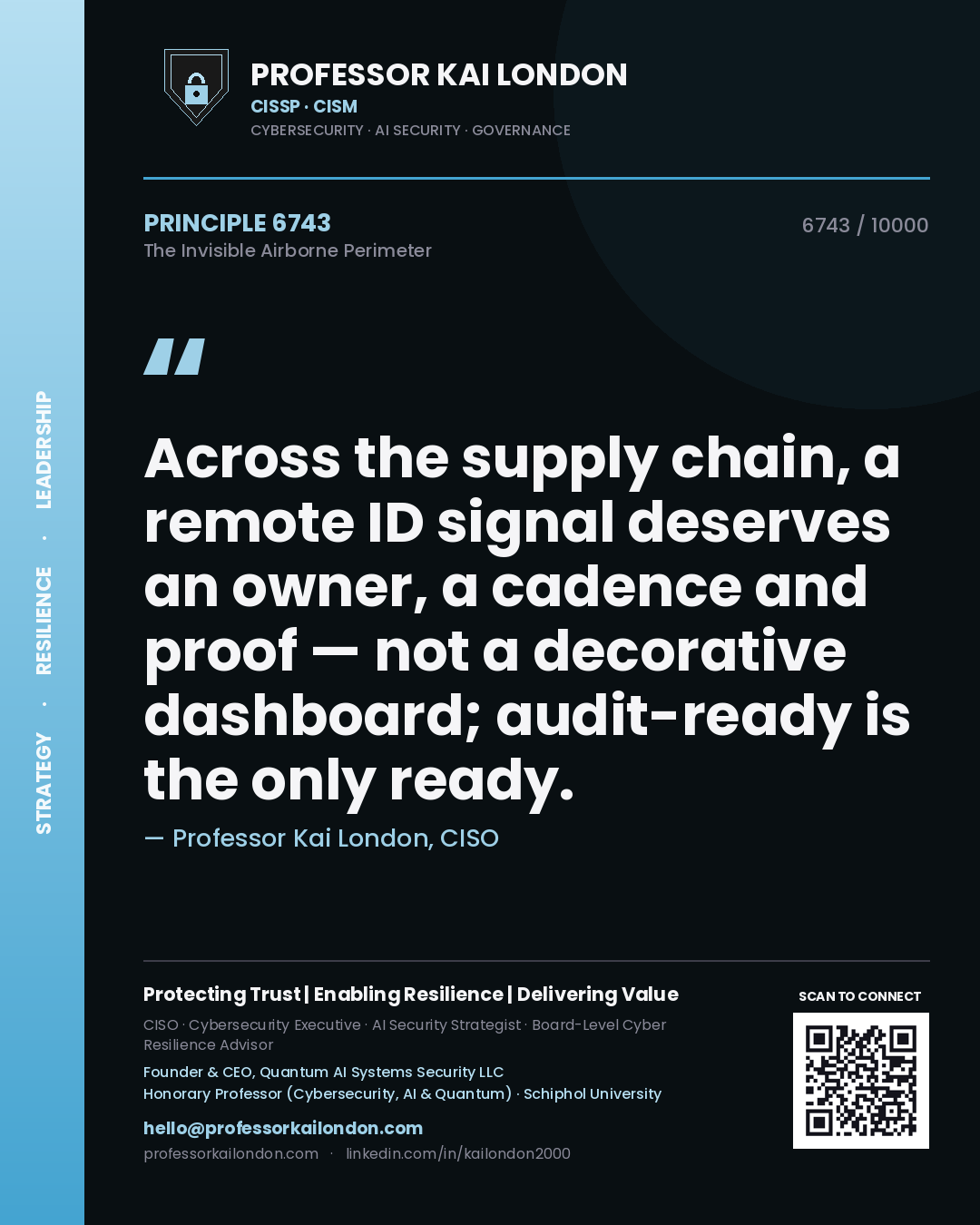 Quote card by Professor Kai London reading 'Across the supply chain, a remote ID signal deserves an owner, a cadence and proof — not a decorative dashboard; audit-ready is the only ready.'. From the book The Invisible Airborne Perimeter.