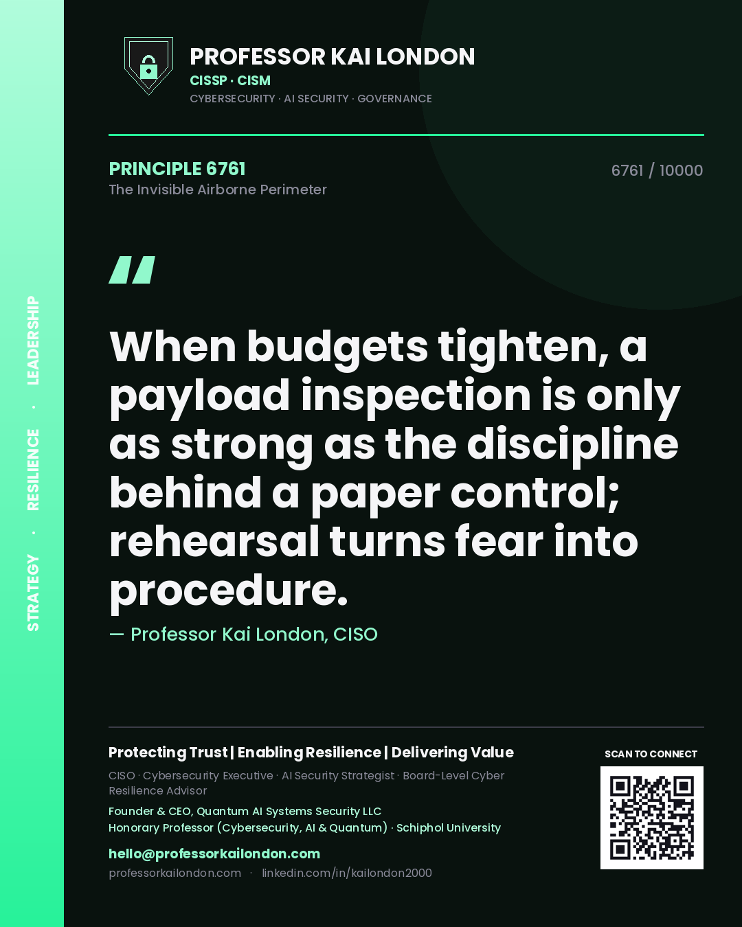 Quote card by Professor Kai London reading 'When budgets tighten, a payload inspection is only as strong as the discipline behind a paper control; rehearsal turns fear into procedure.'. From the book The Invisible Airborne Perimeter.