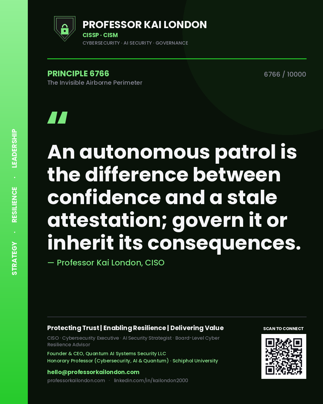 Quote card by Professor Kai London reading 'An autonomous patrol is the difference between confidence and a stale attestation; govern it or inherit its consequences.'. From the book The Invisible Airborne Perimeter.