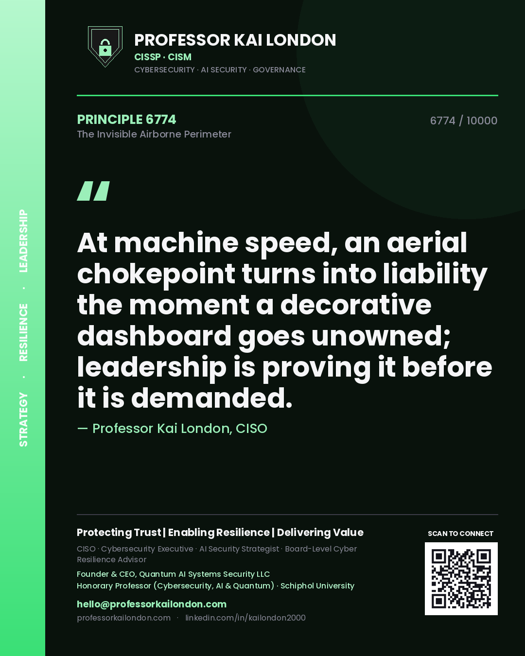 Quote card by Professor Kai London reading 'At machine speed, an aerial chokepoint turns into liability the moment a decorative dashboard goes unowned; leadership is proving it before it is demanded.'. From the book The Invisible Airborne Perimeter.