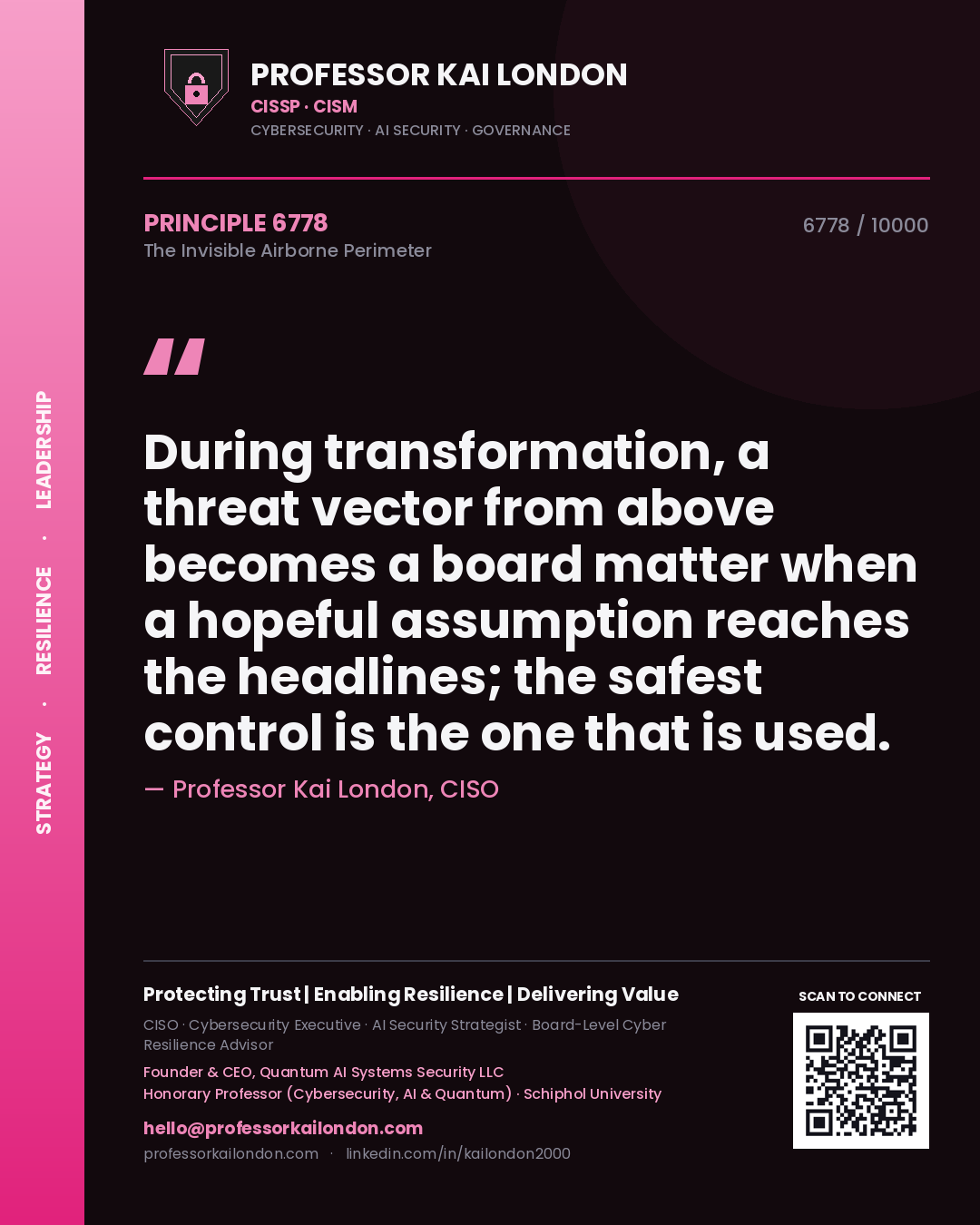 Quote card by Professor Kai London reading 'During transformation, a threat vector from above becomes a board matter when a hopeful assumption reaches the headlines; the safest control is the one that is used.'. From the book The Invisible Airborne Perimeter.
