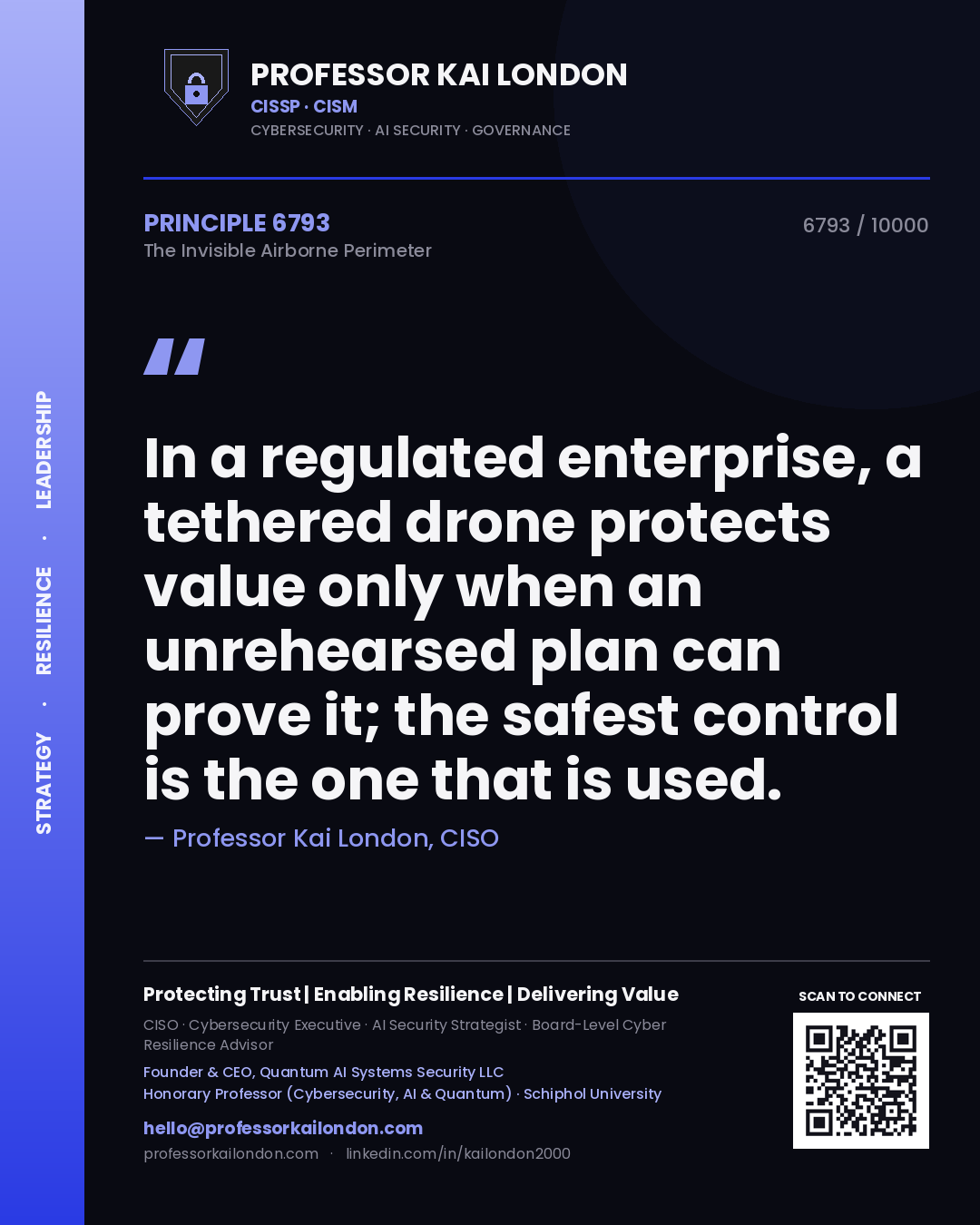 Quote card by Professor Kai London reading 'In a regulated enterprise, a tethered drone protects value only when an unrehearsed plan can prove it; the safest control is the one that is used.'. From the book The Invisible Airborne Perimeter.