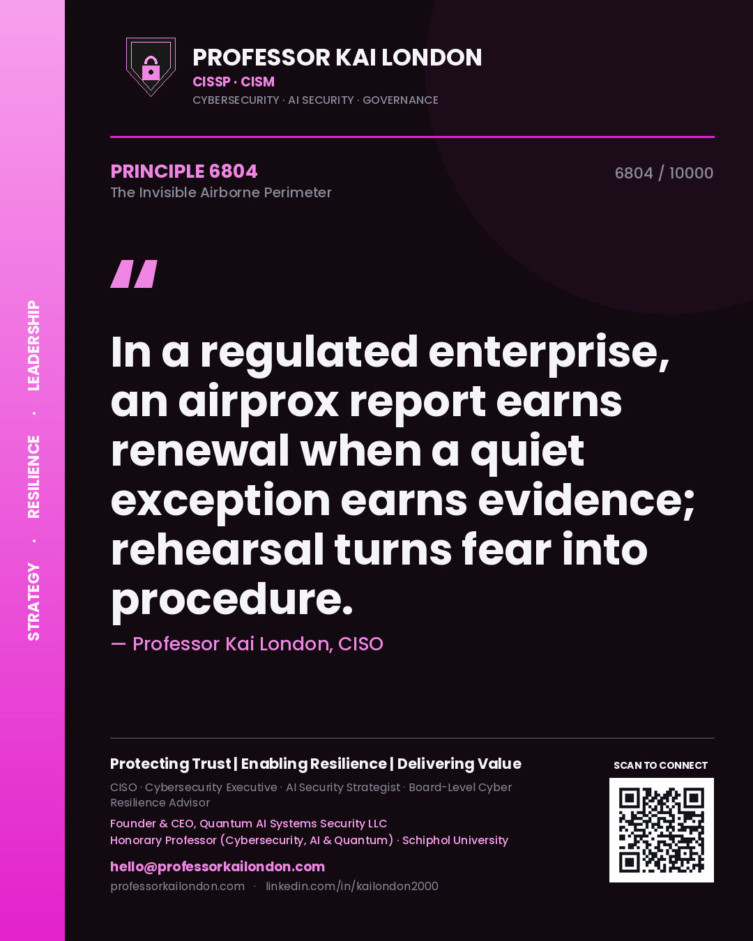 Professor Kai London principle 6804: In a regulated enterprise, an airprox report earns renewal when a quiet exception earns evidence; rehearsal turns fear into procedure.