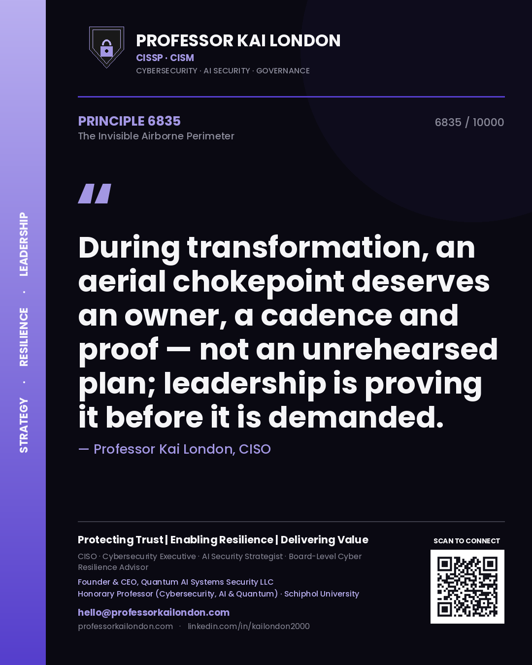 Professor Kai London principle 6835: During transformation, an aerial chokepoint deserves an owner, a cadence and proof — not an unrehearsed plan; leadership is proving it before it is demanded.