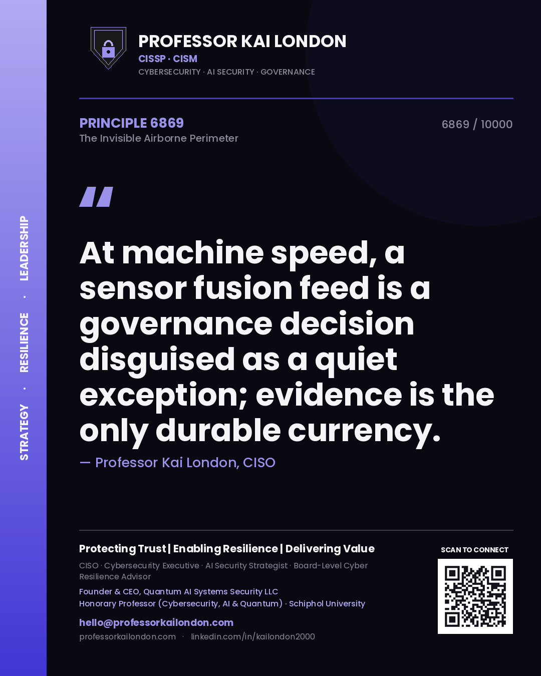 Quote card by Professor Kai London reading 'At machine speed, a sensor fusion feed is a governance decision disguised as a quiet exception; evidence is the only durable currency.'. From the book The Invisible Airborne Perimeter.