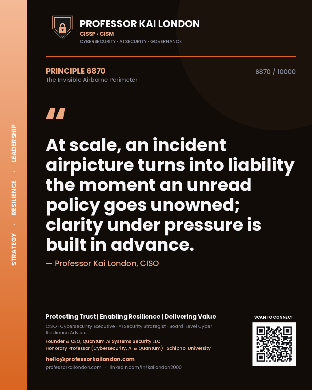 Professor Kai London principle 6870: At scale, an incident airpicture turns into liability the moment an unread policy goes unowned; clarity under pressure is built in advance.