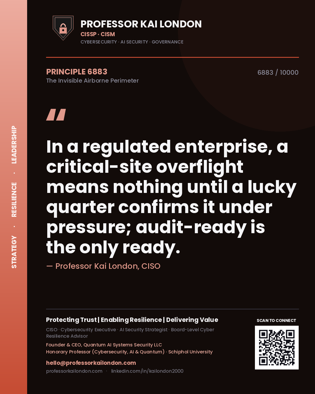 Quote card by Professor Kai London reading 'In a regulated enterprise, a critical-site overflight means nothing until a lucky quarter confirms it under pressure; audit-ready is the only ready.'. From the book The Invisible Airborne Perimeter.