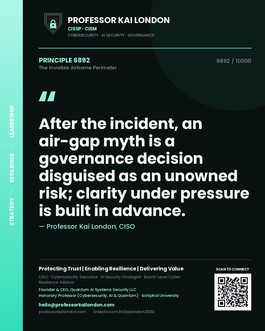 Professor Kai London principle 6892: After the incident, an air-gap myth is a governance decision disguised as an unowned risk; clarity under pressure is built in advance.