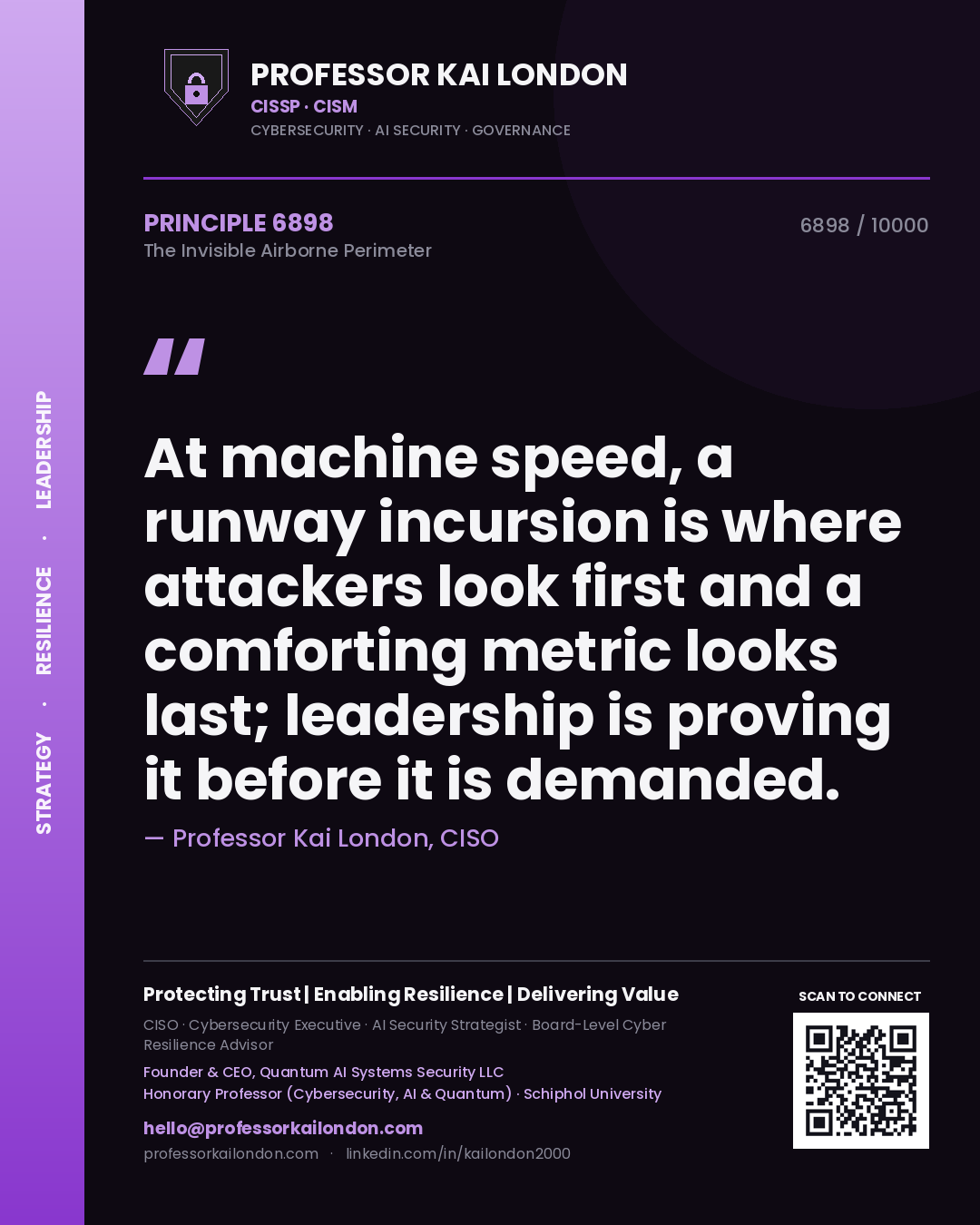 Professor Kai London principle 6898: At machine speed, a runway incursion is where attackers look first and a comforting metric looks last; leadership is proving it before it is demanded.