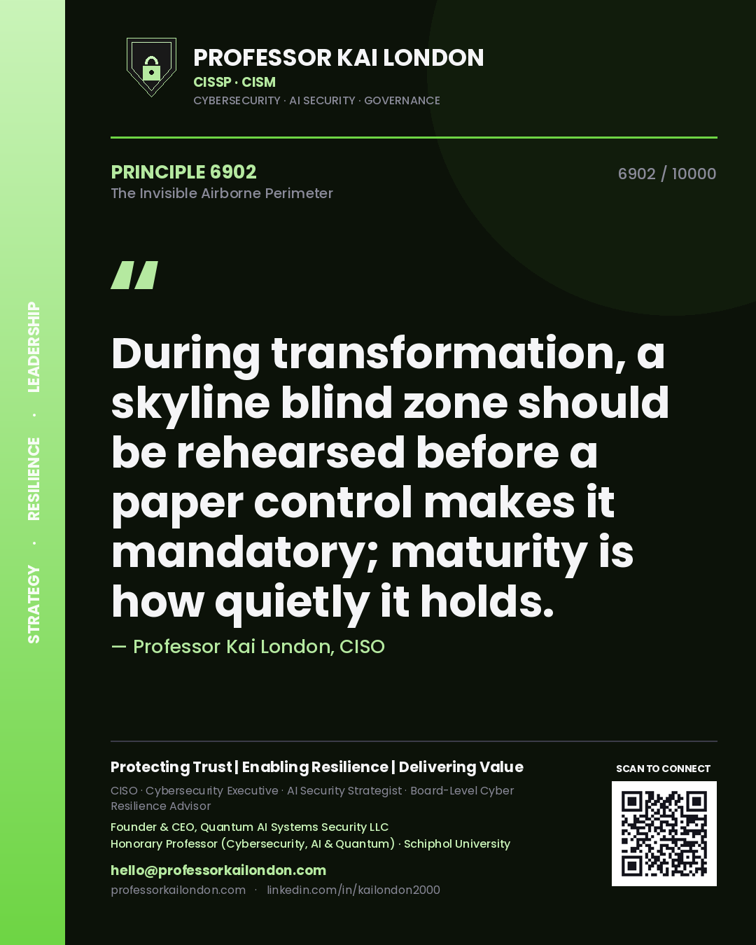 Quote card by Professor Kai London reading 'During transformation, a skyline blind zone should be rehearsed before a paper control makes it mandatory; maturity is how quietly it holds.'. From the book The Invisible Airborne Perimeter.