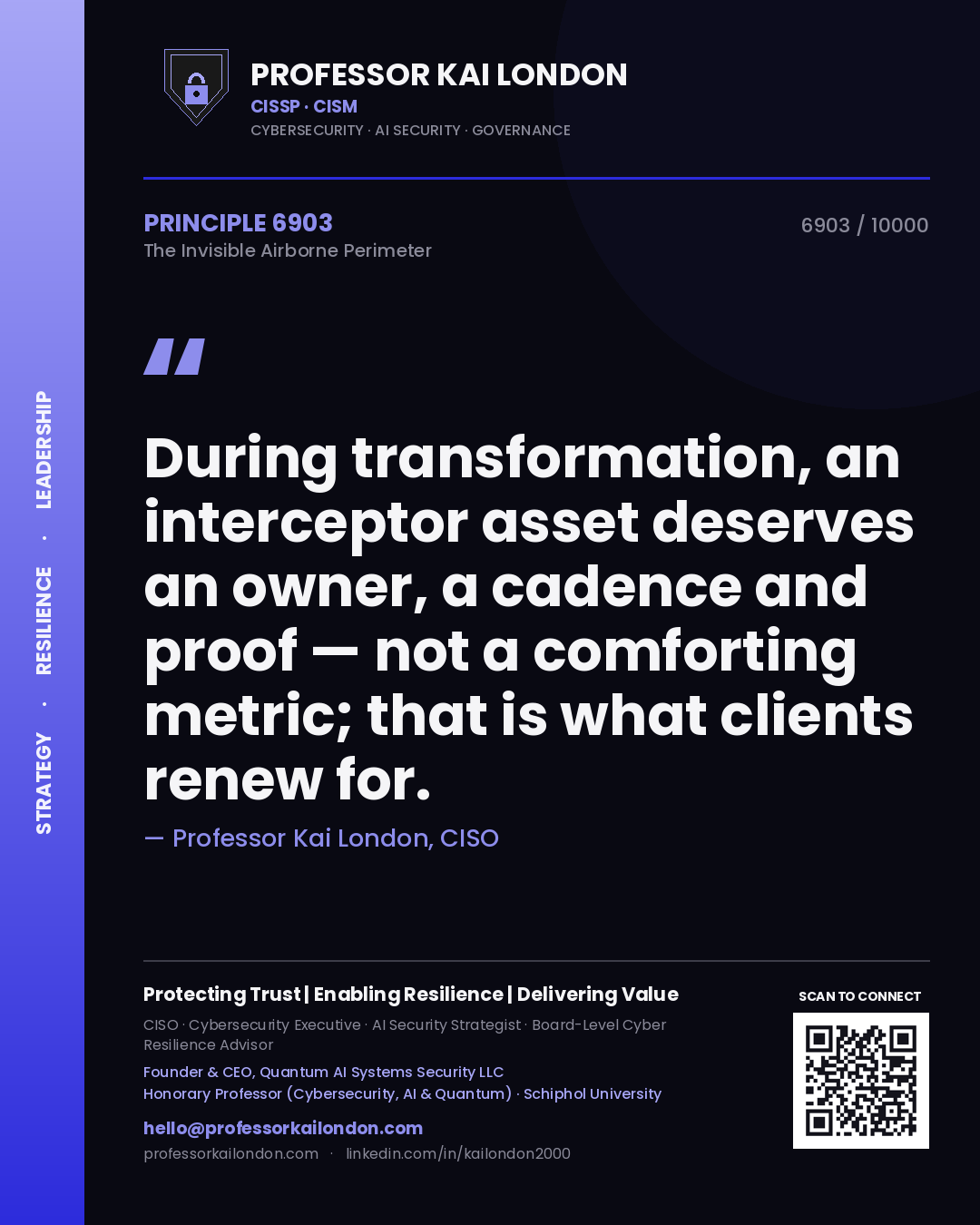 Quote card by Professor Kai London reading 'During transformation, an interceptor asset deserves an owner, a cadence and proof — not a comforting metric; that is what clients renew for.'. From the book The Invisible Airborne Perimeter.