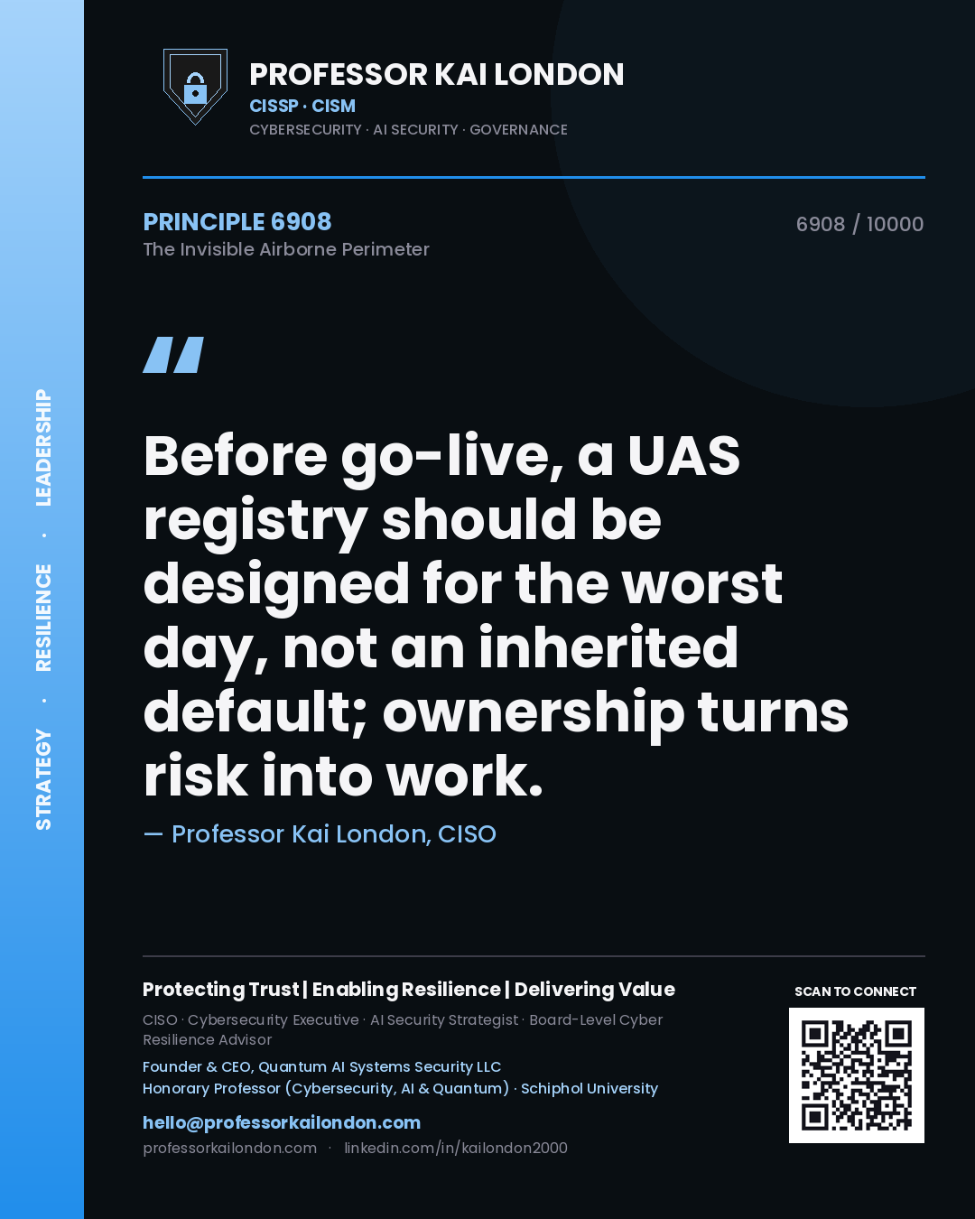 Quote card by Professor Kai London reading 'Before go-live, a UAS registry should be designed for the worst day, not an inherited default; ownership turns risk into work.'. From the book The Invisible Airborne Perimeter.