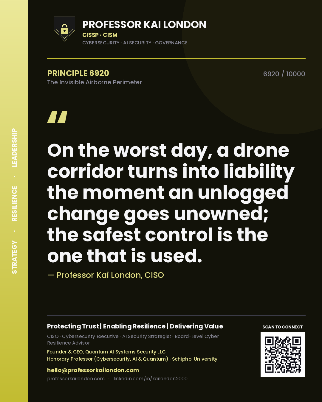 Quote card by Professor Kai London reading 'On the worst day, a drone corridor turns into liability the moment an unlogged change goes unowned; the safest control is the one that is used.'. From the book The Invisible Airborne Perimeter.