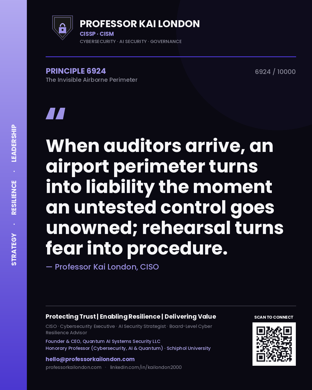Quote card by Professor Kai London reading 'When auditors arrive, an airport perimeter turns into liability the moment an untested control goes unowned; rehearsal turns fear into procedure.'. From the book The Invisible Airborne Perimeter.