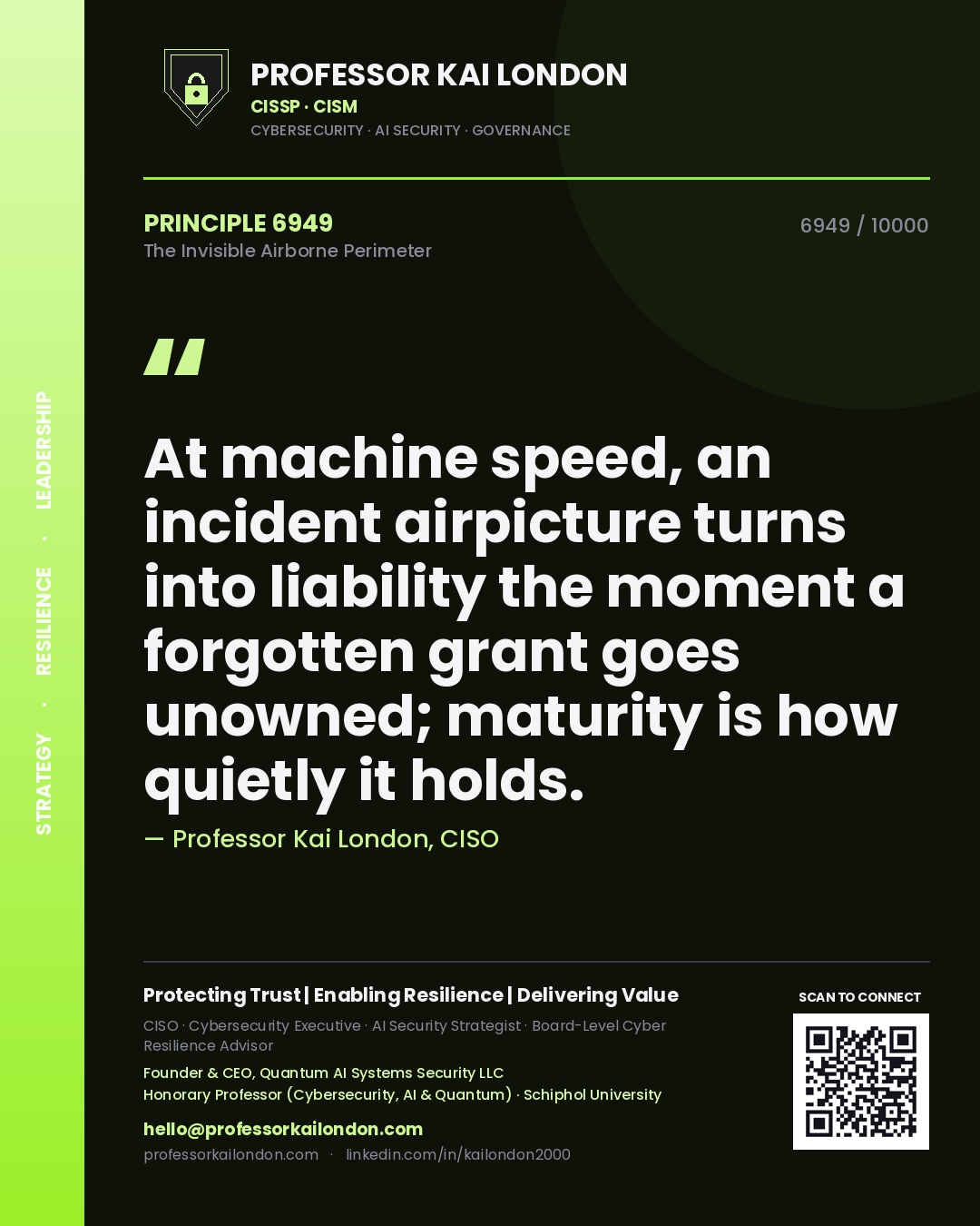 Quote card by Professor Kai London reading 'At machine speed, an incident airpicture turns into liability the moment a forgotten grant goes unowned; maturity is how quietly it holds.'. From the book The Invisible Airborne Perimeter.