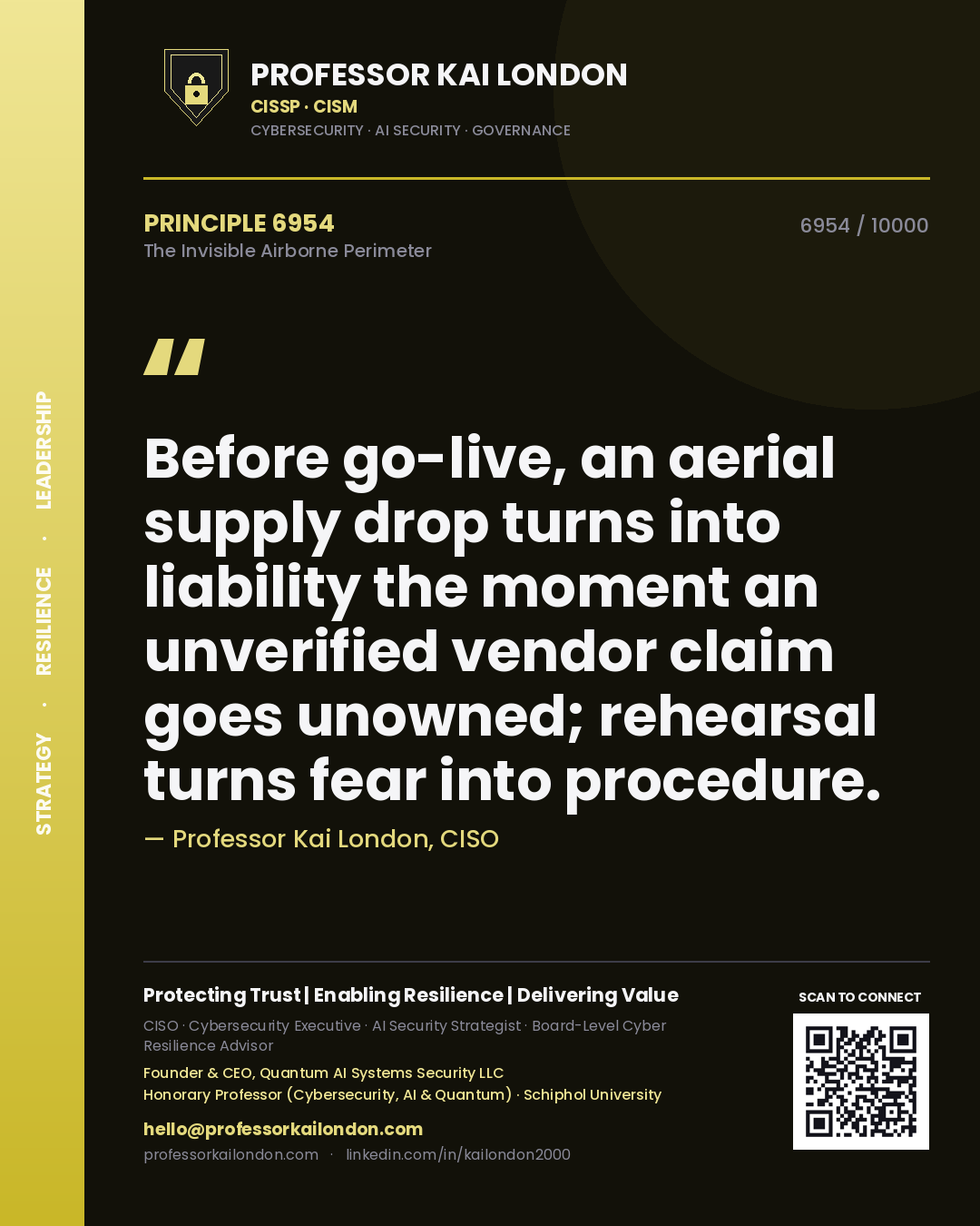Quote card by Professor Kai London reading 'Before go-live, an aerial supply drop turns into liability the moment an unverified vendor claim goes unowned; rehearsal turns fear into procedure.'. From the book The Invisible Airborne Perimeter.