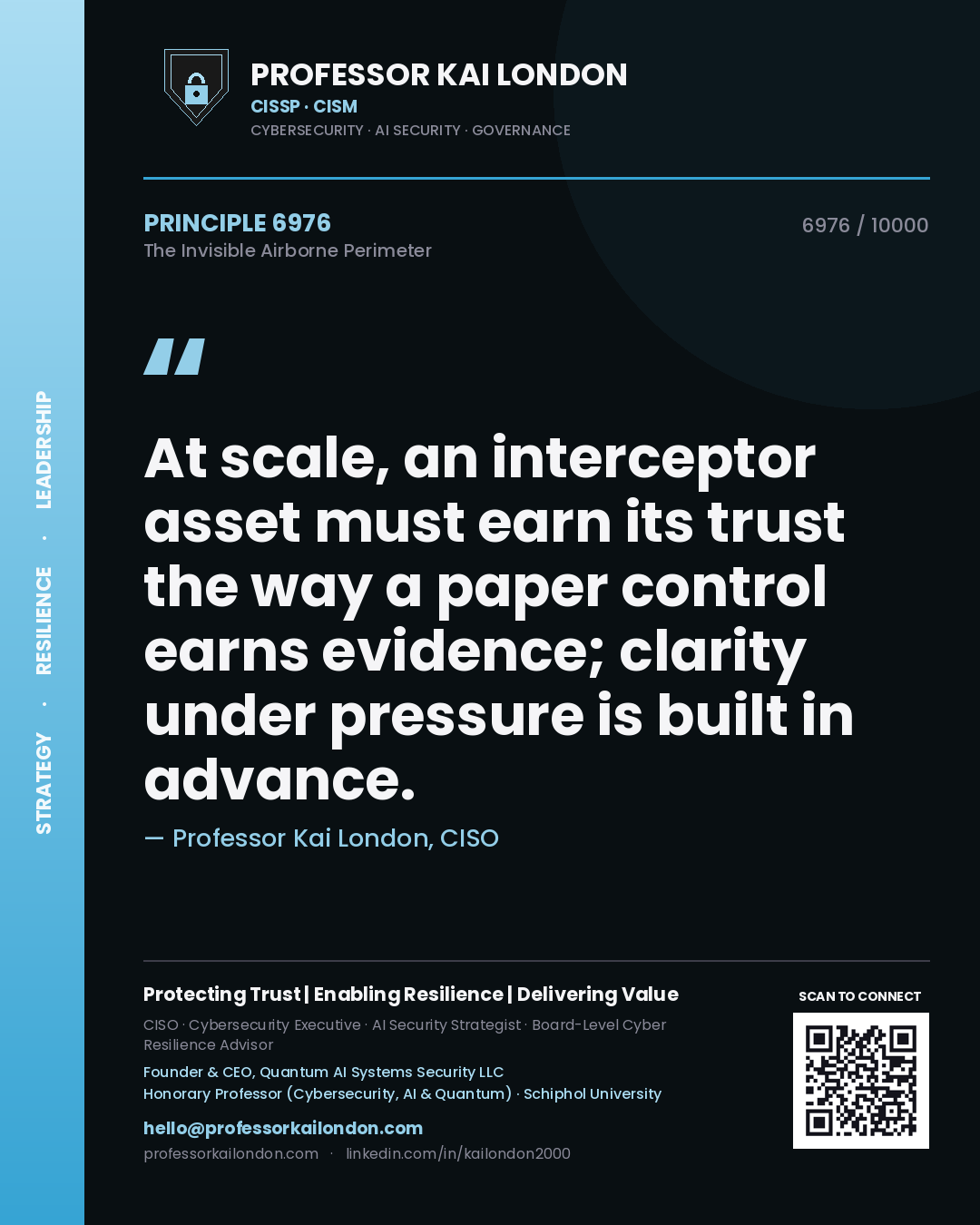 Quote card by Professor Kai London reading 'At scale, an interceptor asset must earn its trust the way a paper control earns evidence; clarity under pressure is built in advance.'. From the book The Invisible Airborne Perimeter.