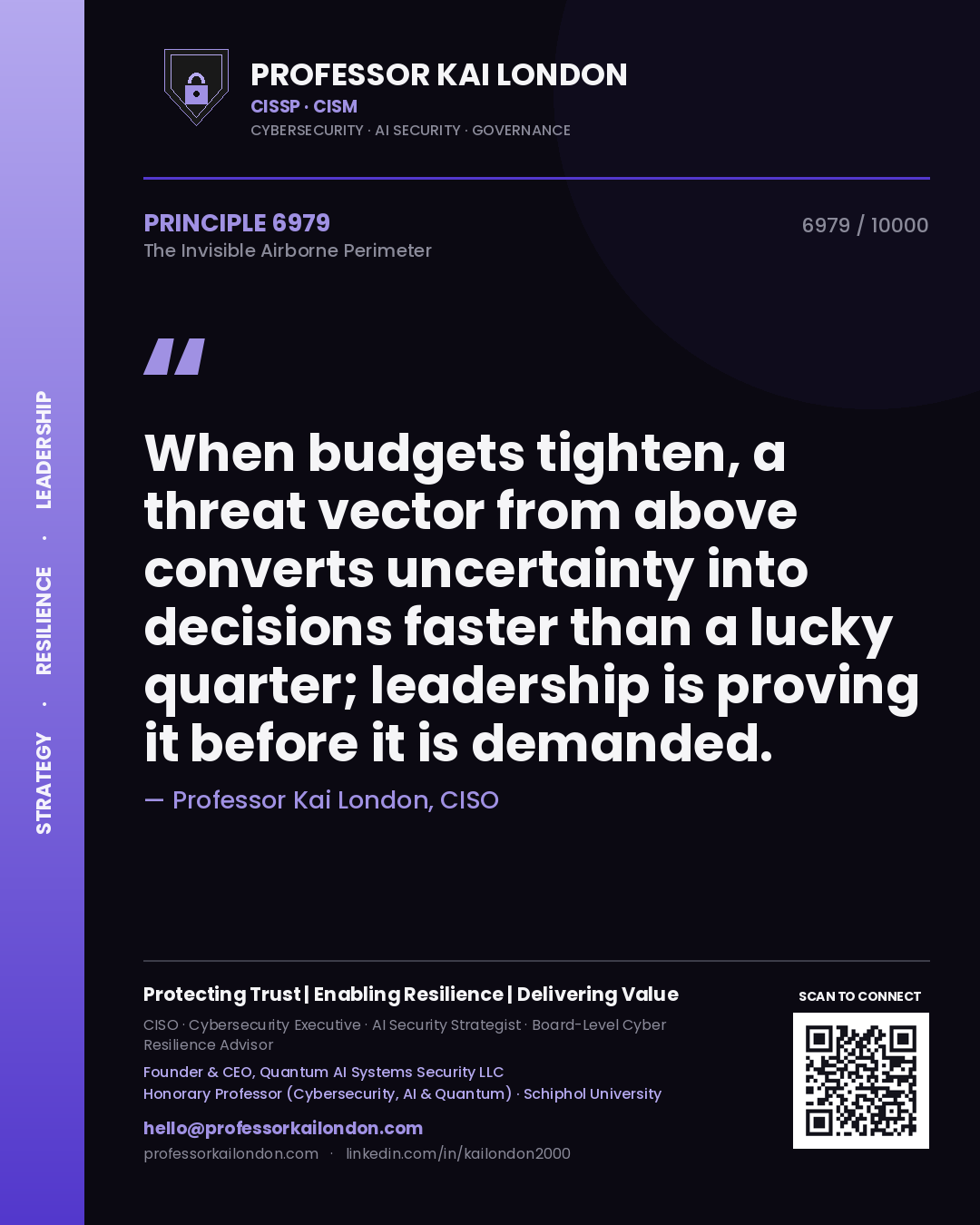 Quote card by Professor Kai London reading 'When budgets tighten, a threat vector from above converts uncertainty into decisions faster than a lucky quarter; leadership is proving it before it is demanded.'. From the book The Invisible Airborne Perimeter.