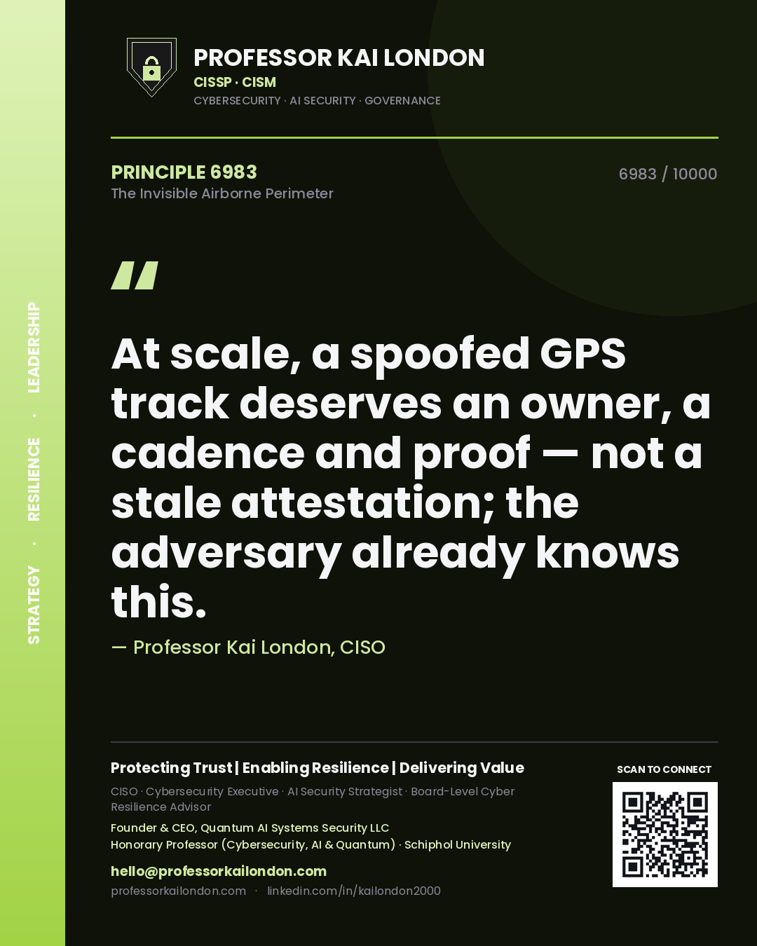 Quote card by Professor Kai London reading 'At scale, a spoofed GPS track deserves an owner, a cadence and proof — not a stale attestation; the adversary already knows this.'. From the book The Invisible Airborne Perimeter.