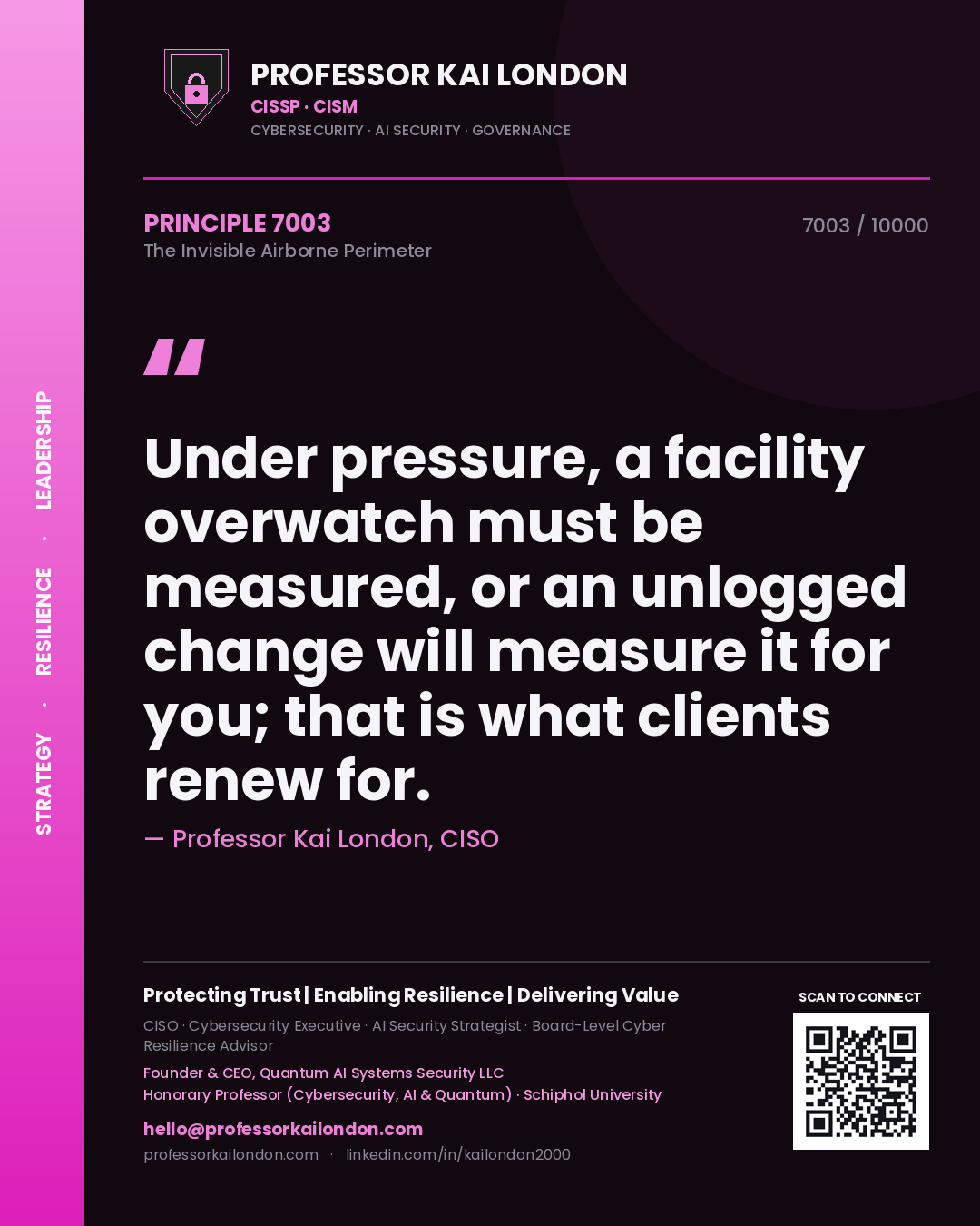 Professor Kai London principle 7003: Under pressure, a facility overwatch must be measured, or an unlogged change will measure it for you; that is what clients renew for.