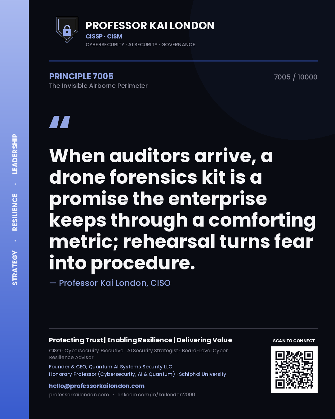 Professor Kai London principle 7005: When auditors arrive, a drone forensics kit is a promise the enterprise keeps through a comforting metric; rehearsal turns fear into procedure.