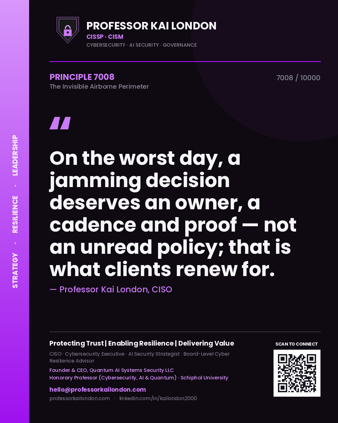 Professor Kai London principle 7008: On the worst day, a jamming decision deserves an owner, a cadence and proof — not an unread policy; that is what clients renew for.
