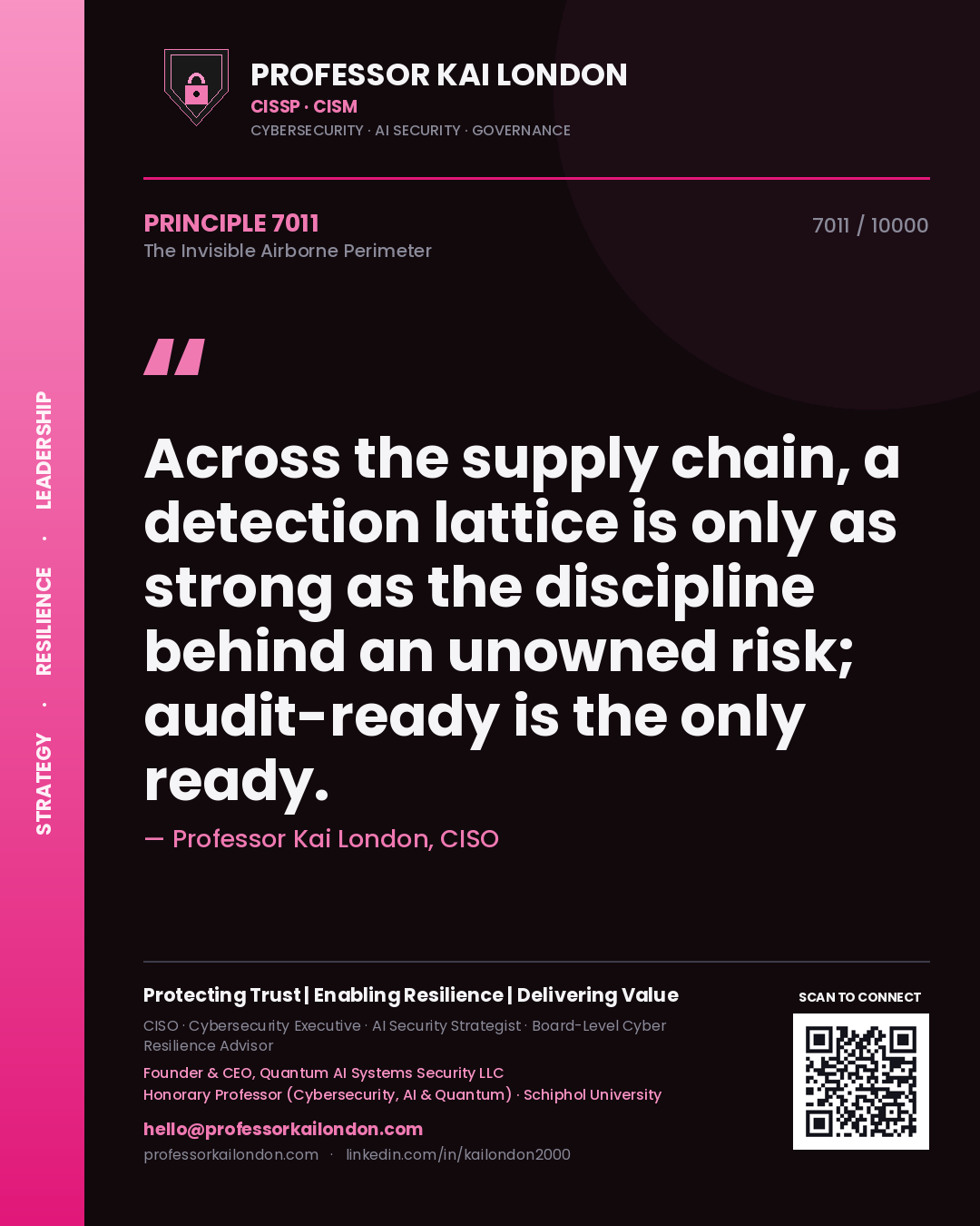Professor Kai London principle 7011: Across the supply chain, a detection lattice is only as strong as the discipline behind an unowned risk; audit-ready is the only ready.
