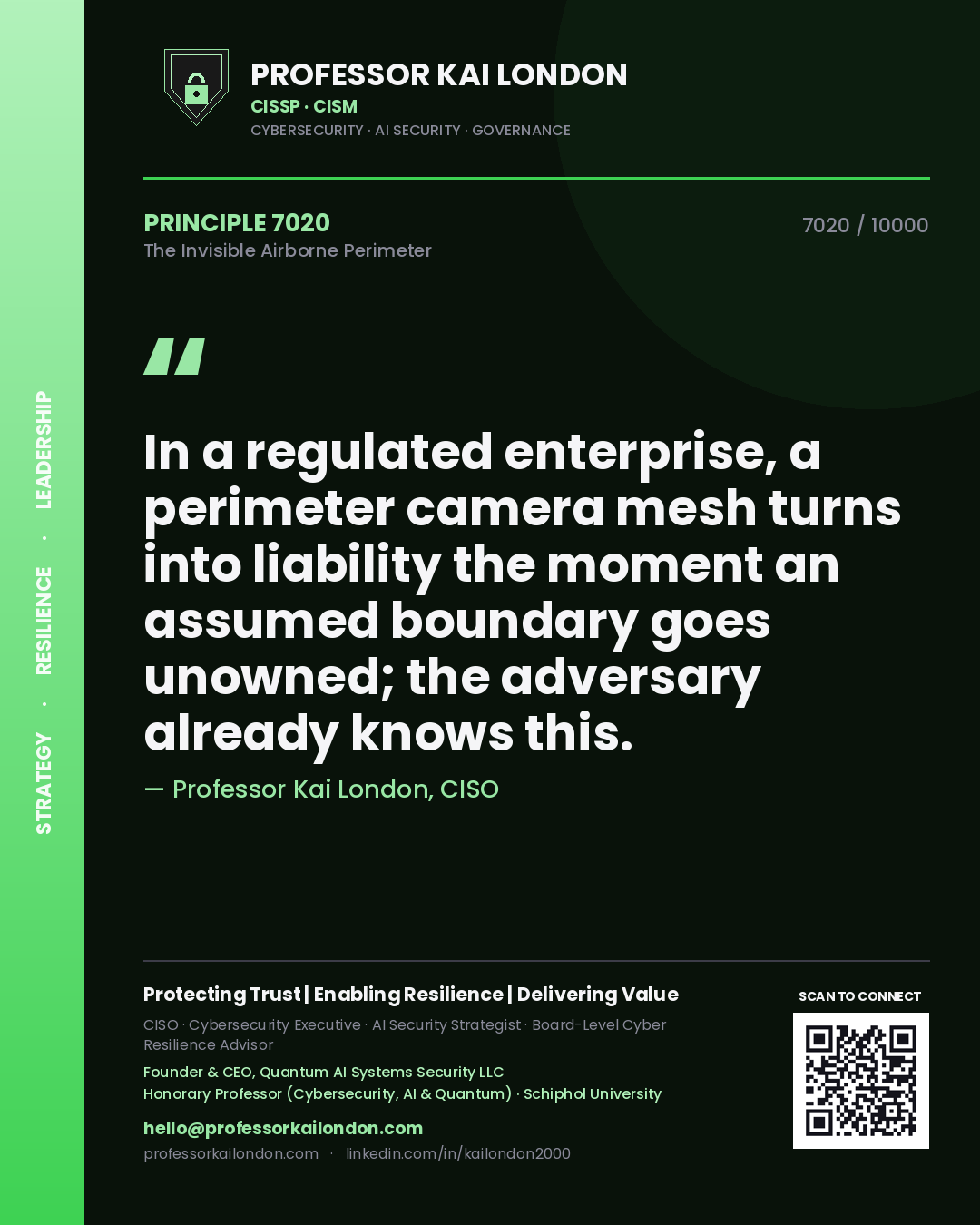 Professor Kai London principle 7020: In a regulated enterprise, a perimeter camera mesh turns into liability the moment an assumed boundary goes unowned; the adversary already knows this.
