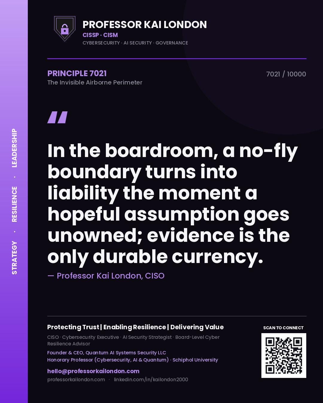Professor Kai London principle 7021: In the boardroom, a no-fly boundary turns into liability the moment a hopeful assumption goes unowned; evidence is the only durable currency.